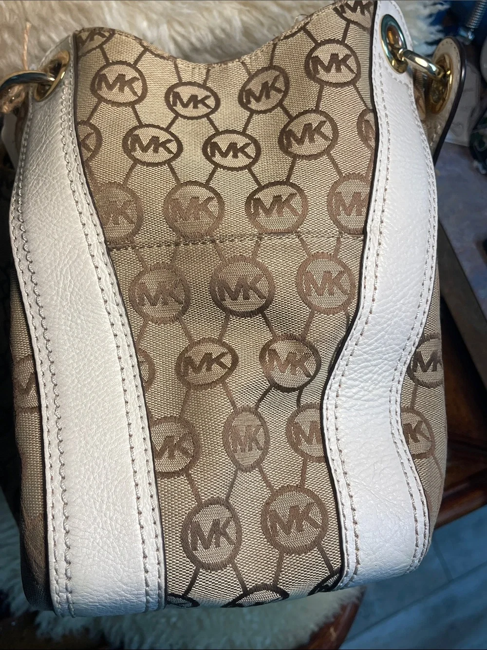 Michael Kors Beige Signature Drawstring Shoulder Bag with White Trim